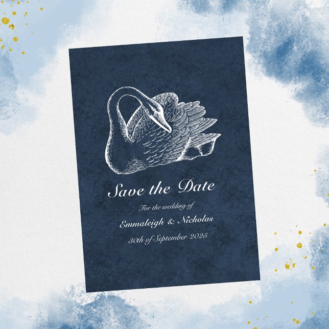 Invitation Cygne Blanc Bleu Marine Save The Date (Créateur téléchargé)
