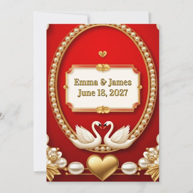 Invitation ✨ Cygne blanc romantique Mariage rouge or 💖 (Devant)