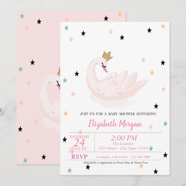 Invitation Cygne Chic, Étoiles, Princesse  Baby Shower  (Devant / Derrière)