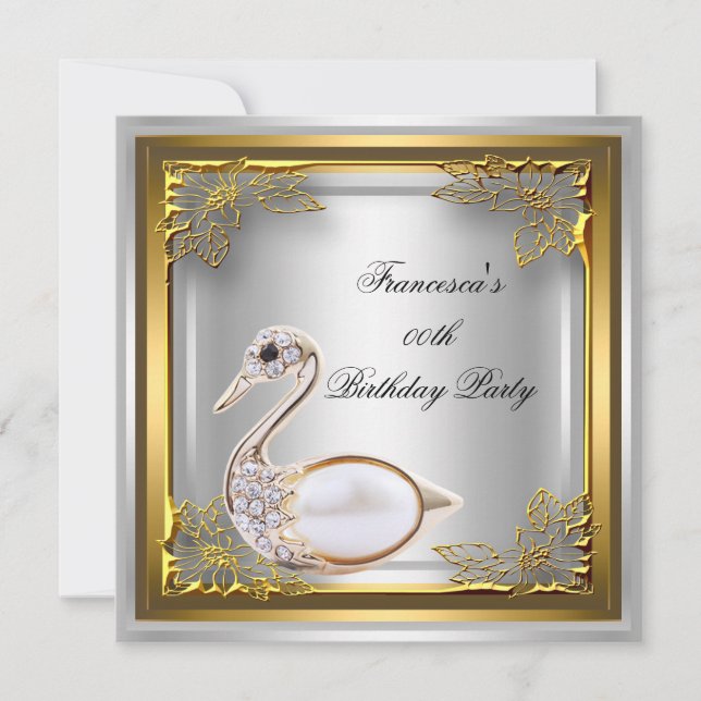 Invitation Cygne Doré Élite Élégant Anniversaire Blanc (Devant)