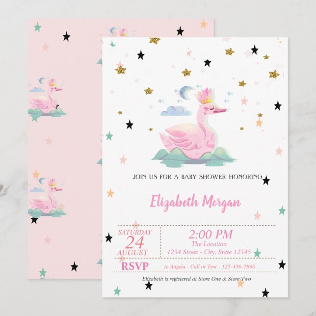 Invitation Cygne mignon, Tiara, Étoiles, Fête de bébé Princes (Devant / Derrière)