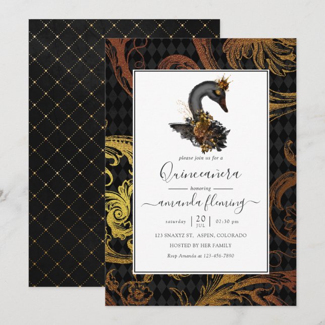 Invitation Cygne Noir Quinceañera (Devant / Derrière)
