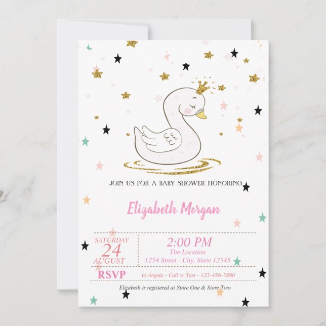 Invitation Cygne, Tiara, Étoiles, Princesse  Baby Shower (Devant)
