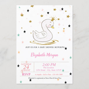 Invitation Cygne, Tiara, Étoiles, Princesse Baby Shower