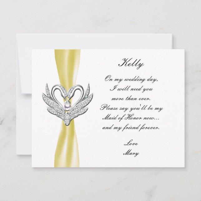 Invitation Cygnes D'Argent Jaune Ribbon Maid Of Honor Card (Devant)