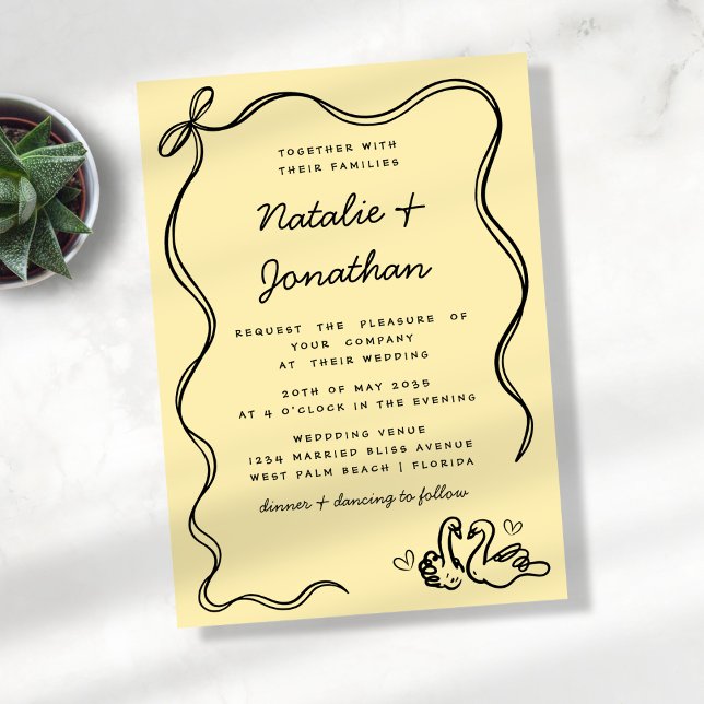 Invitation Cygnes de gribouille Beurre Jaune Mariage noir (Créateur téléchargé)