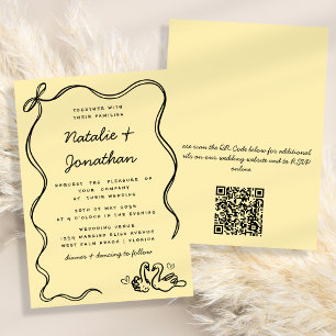 Invitation Cygnes Doodle Rétro Code QR Mariage Noir Jaune