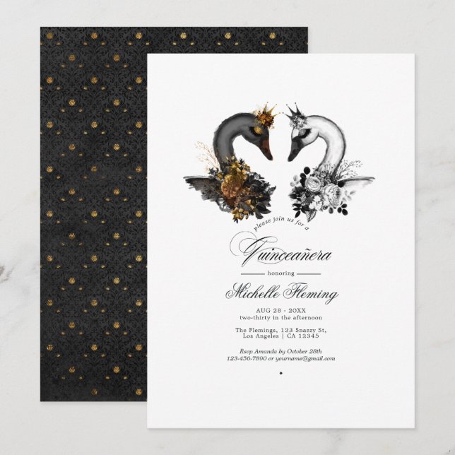 Invitation Cygnes noir et blanc pour Quinceañera (Devant / Derrière)