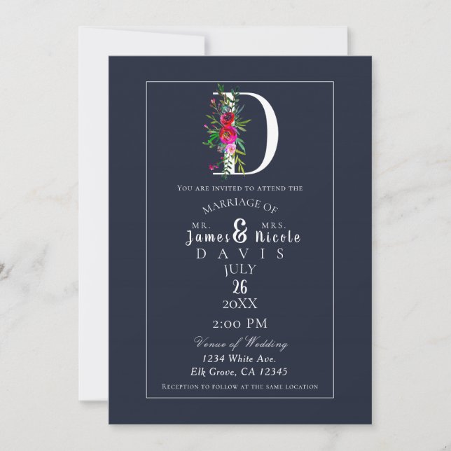 Invitation D Monogramme Dernier initial bleu Floral Mariage (Devant)