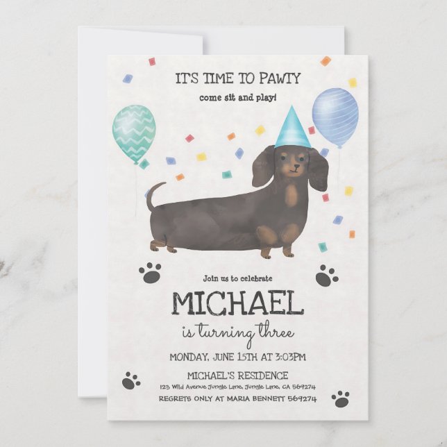 Invitation Dachshund Bleu Fait la Fête d'Anniversaire (Devant)