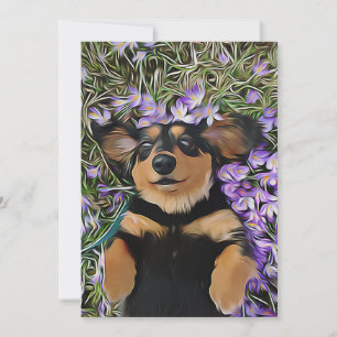 Invitation Dachshund couché dans des fleurs violettes