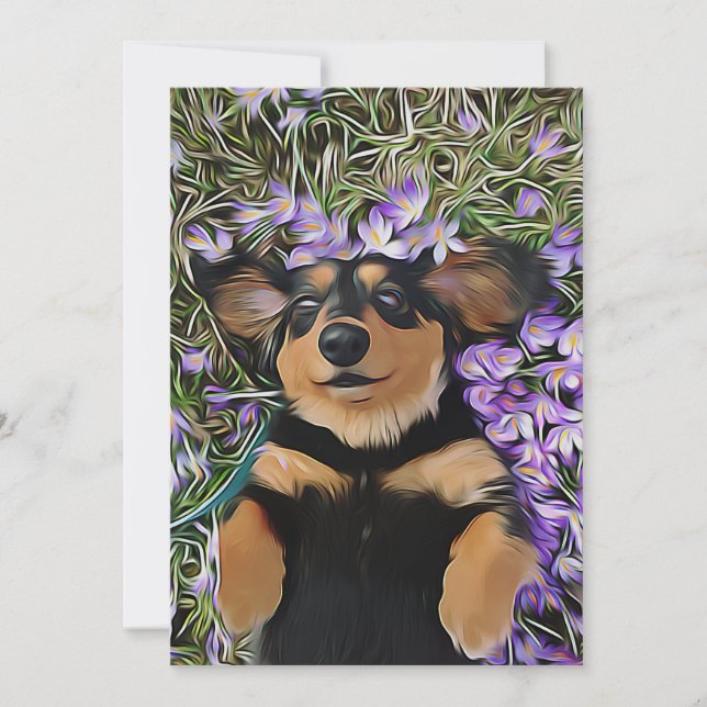 Invitation Dachshund couché dans des fleurs violettes (Devant)