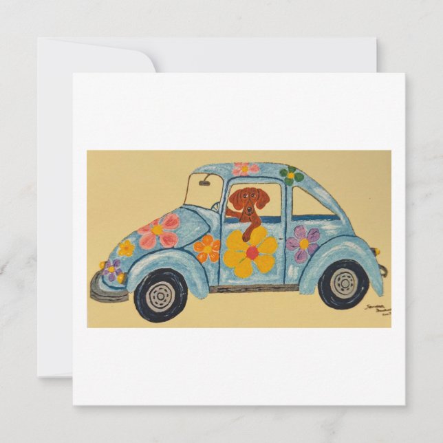Invitation Dachshund dans une voiture hippie (Devant)