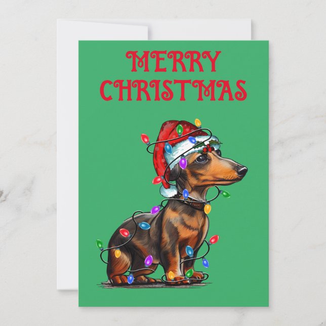 INVITATION "DACHSHUND ENROULÉ DANS DES GUIRLANDE DE NOËL" (Devant)