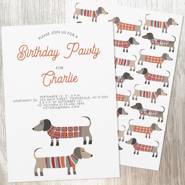 Invitation Dachshund Saucisse Chien Anniversaire Pawty (Fun Dachshund Wiener Sausage Dog personalized custom text birthday party pawty invitation)