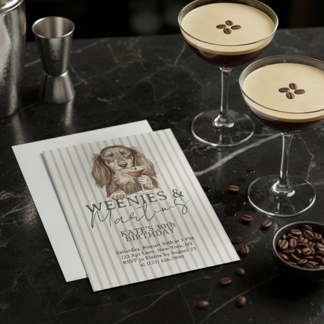 Invitation Dachshund Weenies et Martinis dessinés à la main (Hand Drawn Weenies and Martinis Dachshund Invitation)