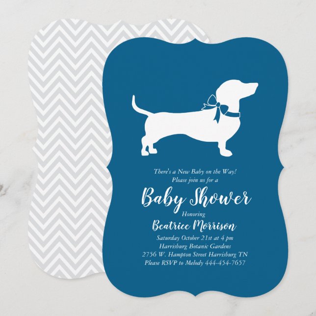 Invitation Dachshund Wiener Chien Baby shower Blue Boy (Devant / Derrière)