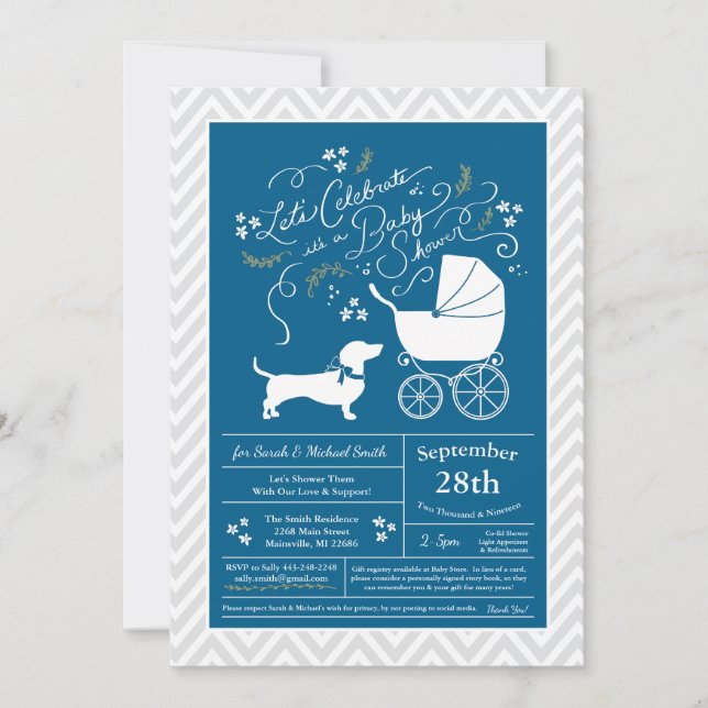 Invitation Dachshund Wiener Chien Baby shower Blue Boy (Devant)