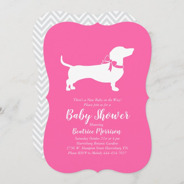 Invitation Dachshund Wiener Chien Baby shower fille rose (Devant / Derrière)