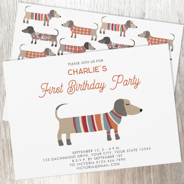 Invitation Dachshund Wiener Saucisse Chien Première fête d'an (Fun Dachshund Wiener Sausage Dog personalized first birthday party invitation)
