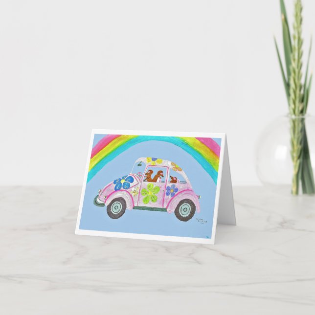 Invitation Dachshunds dans une voiture hippie sous un arc-en- (Devant)