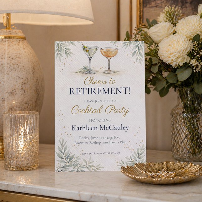 Invitation d'adieu de feuille de Champagne (Champagne leaf farewell cocktail party with soft ivory tones and gold accents)