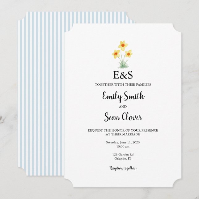 Invitation Daffodil Flower Wedding Monogram Blue Stripe (Devant / Derrière)