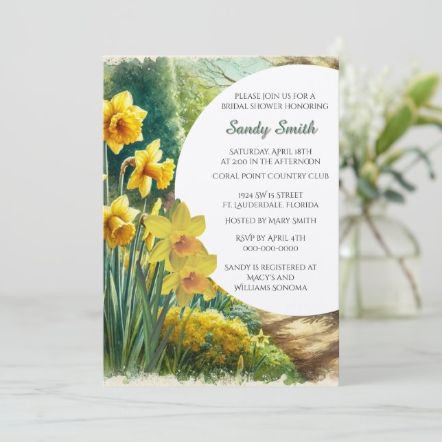 Invitation Daffodils aquarelle pour douche de mariée  (Debout devant)