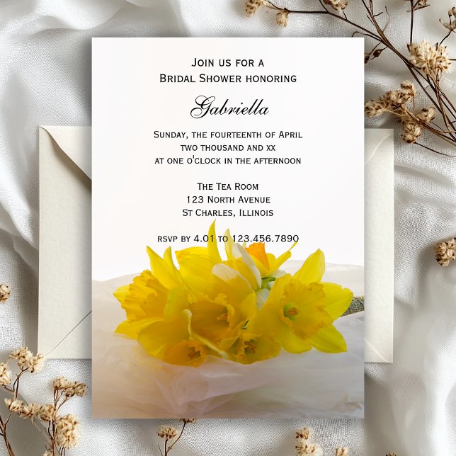 Invitation Daffodiques jaunes sur Fête des mariées blanche (Créateur téléchargé)
