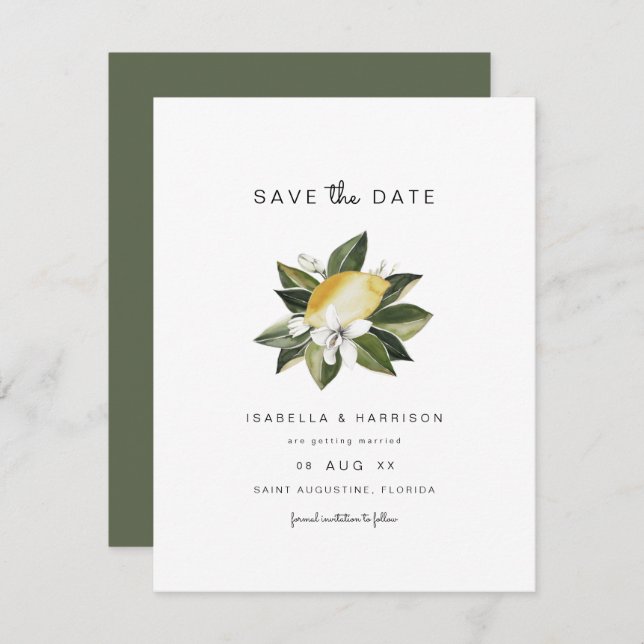 Invitation Dahlia - Aquarelle Citron Citrus Blanc Floral (Devant / Derrière)