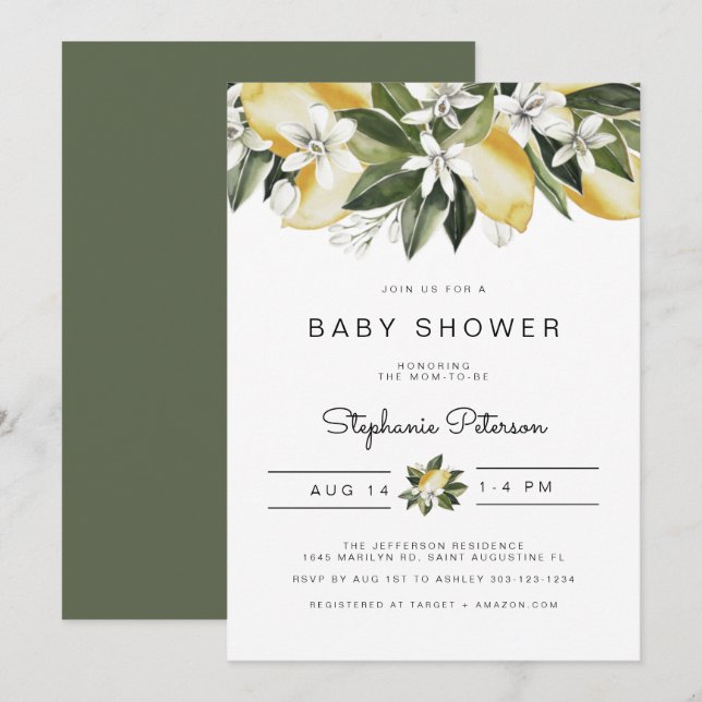 Invitation Dahlia - Aquarelle Citrus Citron Blanc Floral (Devant / Derrière)