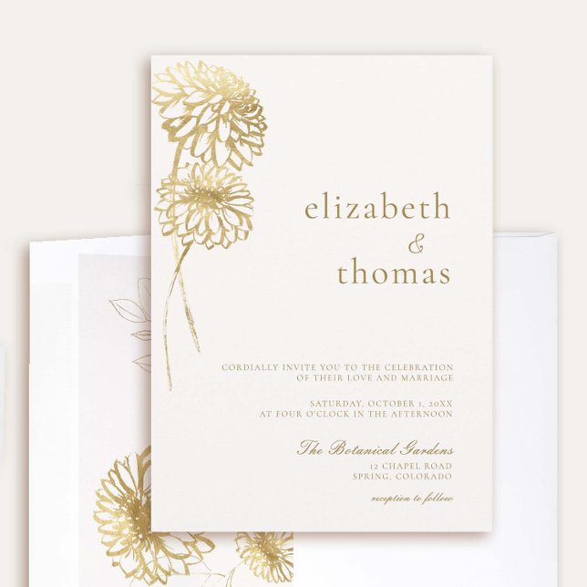 Invitation Dahlia Art Sketch Faux Gold Modern Mariage de auto (elegant fall wedding invitation dahlia faux gold gilded  floral sketch modern formal casual stylish)