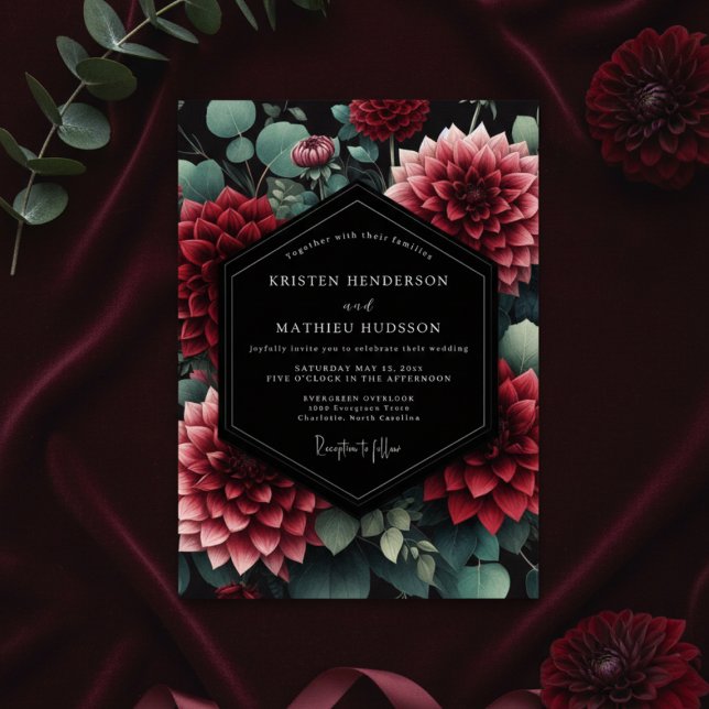 Invitation Dahlia Botanique Rouge Profond pour Mariage (Créateur téléchargé)