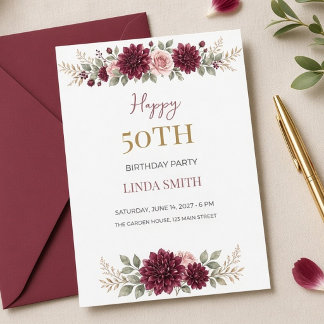 Invitation Dahlia Bourgogne Aquarelle 50e Anniversaire