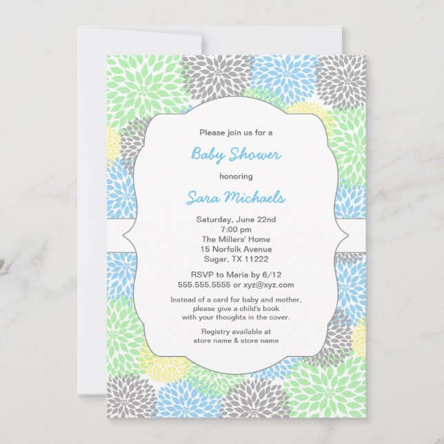 Invitation Dahlia fleurit neutre baby shower bleu menthe gris (Devant)