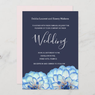 Invitation Dahlia fleurs bleu marine blanc roux rose mariage