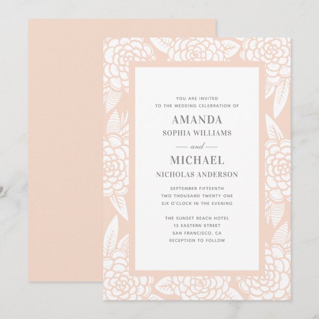 Invitation Dahlia. Fleurs de jardin roses. Fleurs de mariage  (Devant / Derrière)