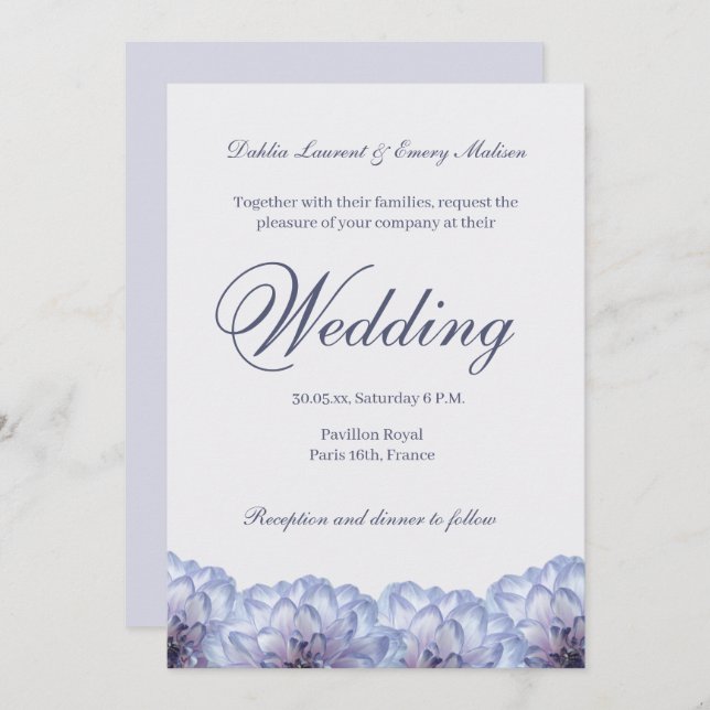 Invitation Dahlia Fleurs Lilac Bleu Élégant Mariage Floral (Devant / Derrière)