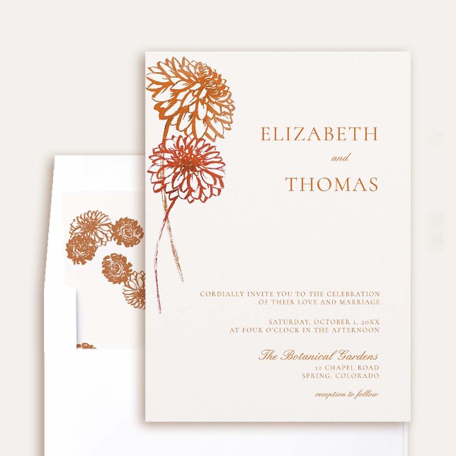 Invitation Dahlia Floral Art Croquis Terre Mariage de automne (elegant fall wedding invitation dahlia earth bright terracotta burnt orange floral sketch modern)