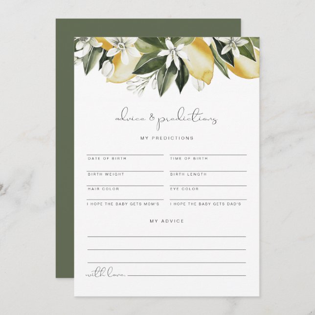 Invitation DAHLIA Lemon Baby Advice and Predictions Card (Devant / Derrière)
