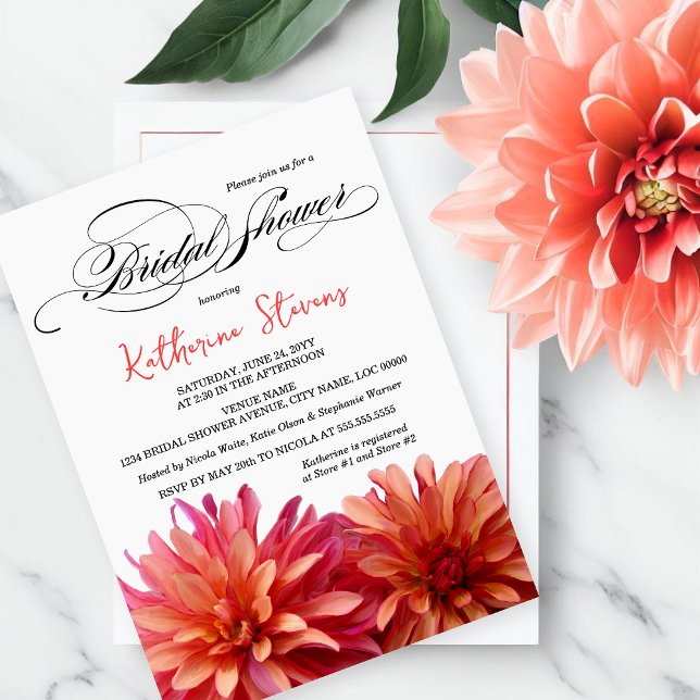 Invitation Dahlia peint en Fête des mariées rose et corail (Beautiful pink and coral painted dahlia bridal shower invitation with script "bridal shower" text.)