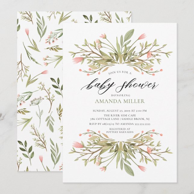 Invitation Dainty Girls Rose Floral & Baby shower vert (Devant / Derrière)