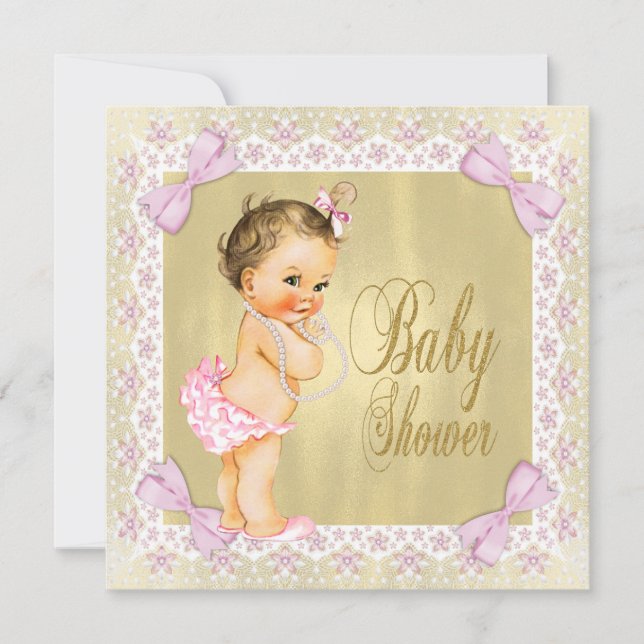 Invitation Dainty Pink Gold Foil Bow Lace Girl Baby shower (Devant)