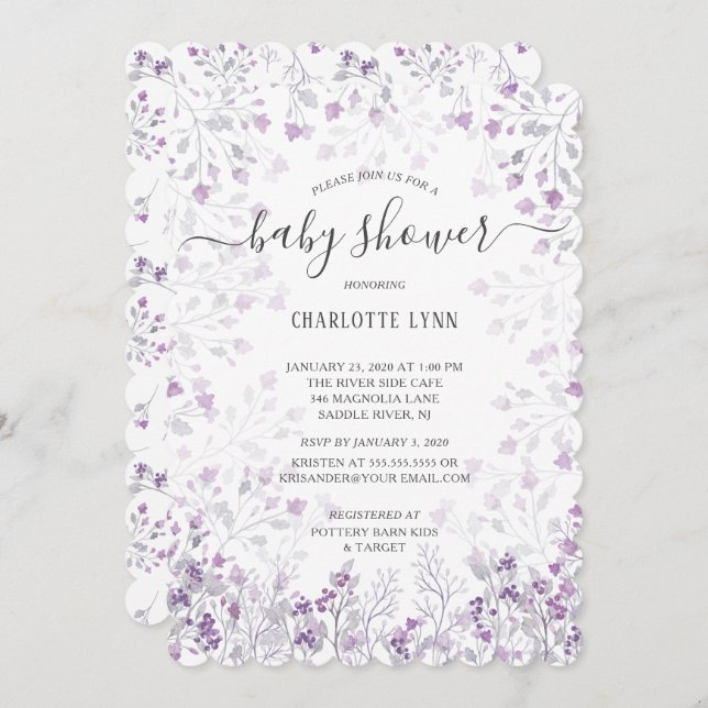 Invitation Dainty Purple Aquarelle Fleurs Filles Baby shower (Devant / Derrière)