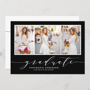 Invitation Dainty Script Trois Photo Black Graduation Party