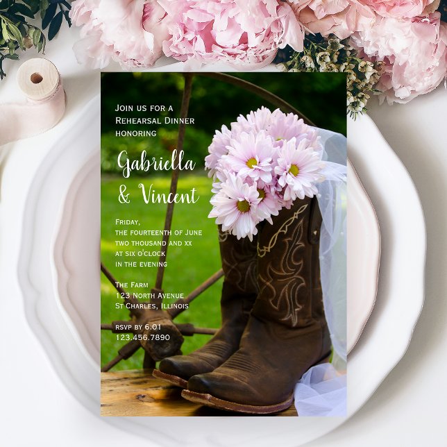 Invitation Daisées Rustiques Roses Bottes Dîner De Répétition (Créateur téléchargé)