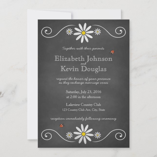 Invitation Daisers et Ladybugs Rustic Chalkboard Mariage (Devant)