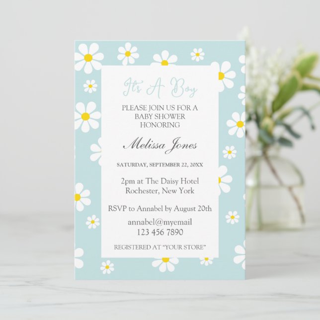 Invitation Daisies It’s A Boy Baby Shower  (Debout devant)