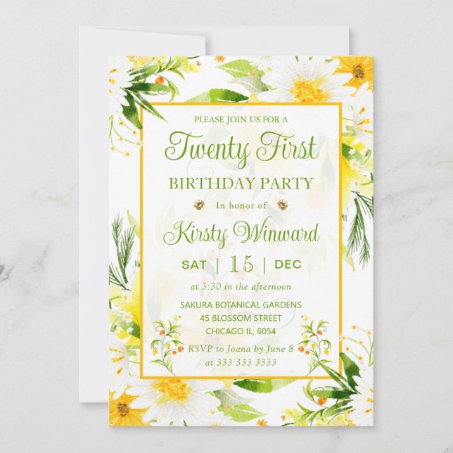 Invitation Daisies jaunes et blanches aquarelle 21e anniversa (Devant)