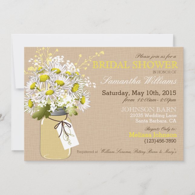 Invitation Daisies Mason Jar Burlap Fête des mariées rustique (Devant)